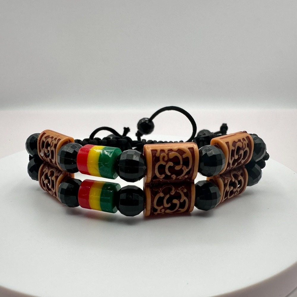 Vintage Y2K Rasta Braided Macrame Beaded Double Strand Bracelet Women's Jewelry